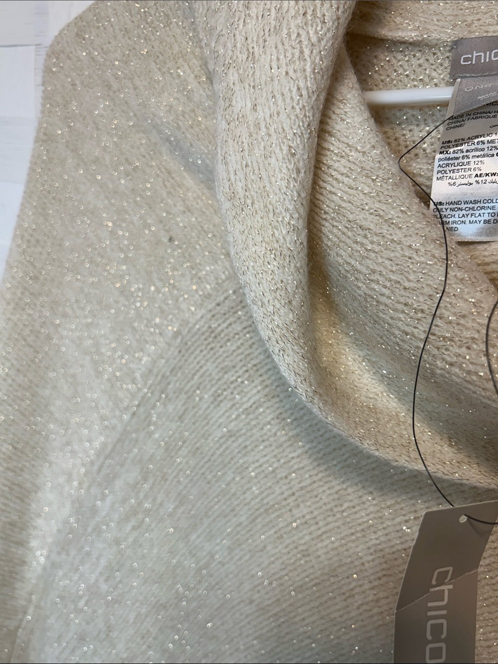 Chico's Cream Knit Poncho with Fringe Trim and Draped Collar - Picture 3 of 6